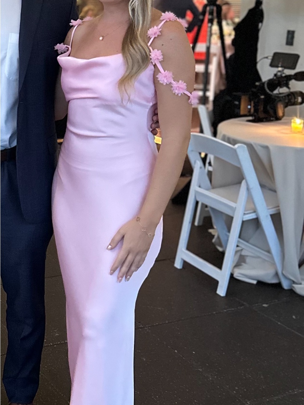 Altar'd State Light Pink Satin Cowl Neck Maxi Dress with Floral Straps